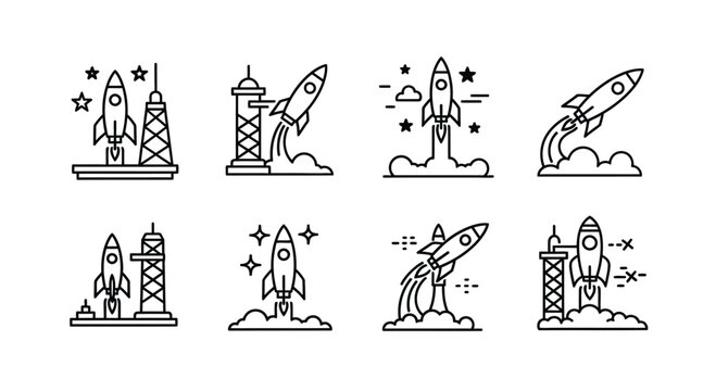 Collection of rocket launch and space exploration icons in a simple line art style