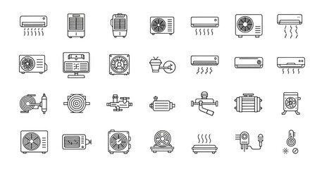 Air conditioning and ventilation systems line icons vector set, hvac equipment and climate control technology