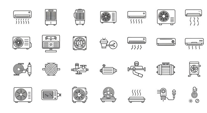 Air conditioning and ventilation systems line icons vector set, hvac equipment and climate control technology
