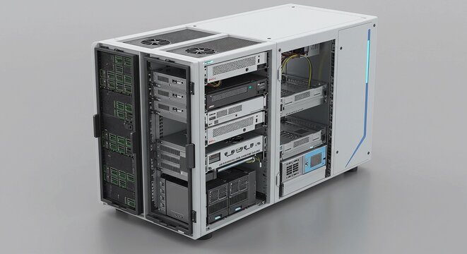 Modern server rack cabinet showcasing powerful data center hardware, perfect for cloud computing and tech solutions, ready for network infrastructure