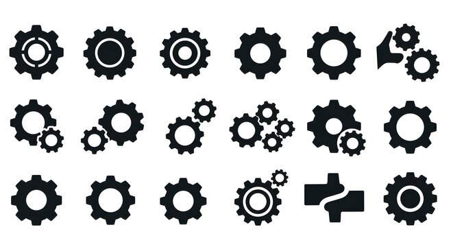 A collection of gear and cog icons, representing industry and mechanical concepts, perfect for technical and engineering applications