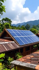 Solar panels on a rustic house roof, nestled in a lush, mountainous landscape