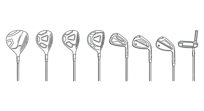 Collection of golf club heads in a line illustration