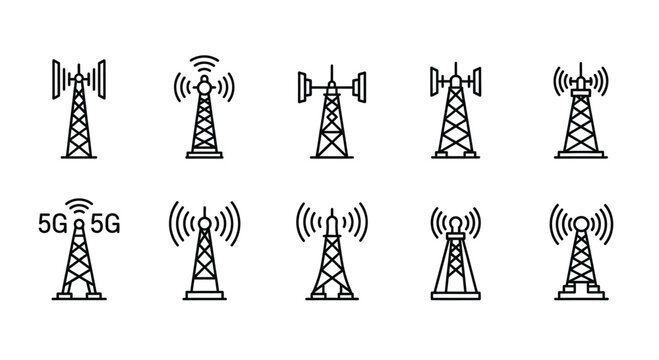 Collection of diverse communication towers and antennas with 5g symbols