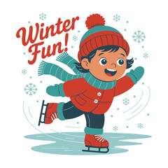 Winter fun ice skating boy, cozy hat and scarf, playful outdoor activity, family holiday card, vector illustration