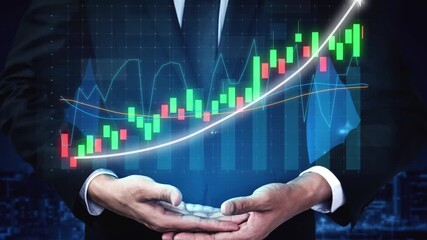 A businessman presents a virtual financial chart displaying a rising trend, symbolizing growth and success in investments and market strategies in the finance sector. Copula - Powered by Adobe
