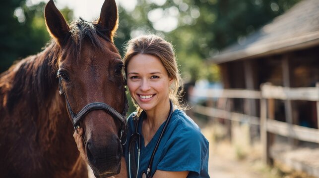 Veterinarian caring for horses outdoors promoting their health and happiness in nature