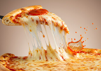 Pizza slice lifted with cheese pull