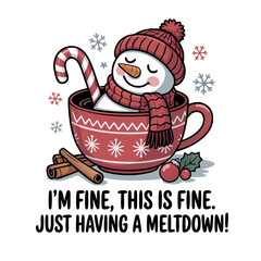 Funny snowman melting in a mug with candy cane and cinnamon sticks