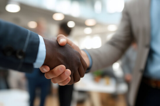 diverse colleagues handshake after meeting, modern office background, shallow depth of field