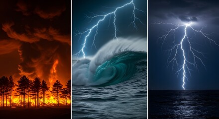 Powerful Natural Phenomena Wildfires, Lightning, and Ocean Waves - A Visual Spectacle