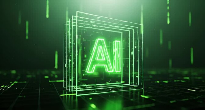 Abstract glowing green ai logo with futuristic digital background and particles, representing artificial intelligence and technology animated 4k video