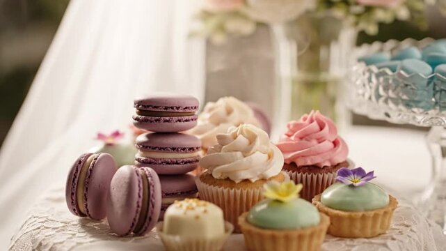 Elegant dessert table display featuring macarons, cupcakes, and tartlets for special occasions