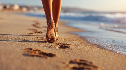 Woman walking on Tenerife beach leaving footprints in golden sand Close up of her feet