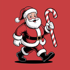 jolly santa claus character, holding candy cane, festive winter greeting, cheerful holiday spirit, traditional christmas illustration, vector artwork
