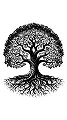 Monochrome drawing of a detailed tree with roots