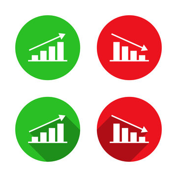 Business bar graph icon with upward and downward arrow. Trend analysis symbol with long shadow