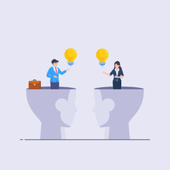 Businessman open from human brain head to exchange business lightbulb ideas. Exchange idea from brainstorm, knowledge, creativity and innovation. Flat vector illustration.