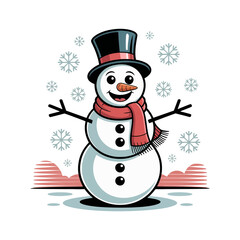 smiling snowman with hat, striped scarf, snowy ground, classic winter icon, happy seasonal character, friendly holiday, vector illustration