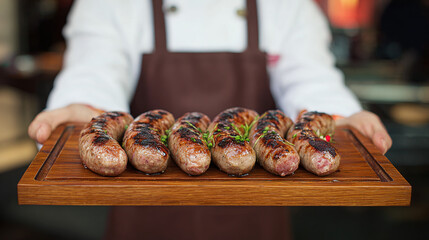 The chef holds grilled sausages on a wooden tray.