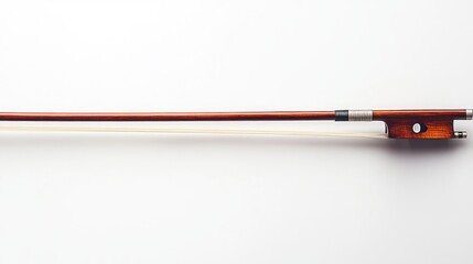 A violin bow with smooth wood, leaving space for text on the right, against a bright white surface