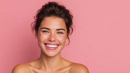 A joyful young woman beams against a pink background highlighting her glowing skin and natural attractiveness Ideal for themes of well being skincare and positivity