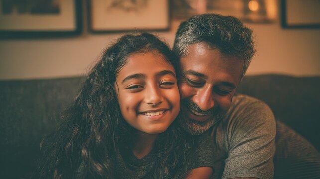 Joyful Indian teenage girl hugs her father at home on Father s Day celebrating their bond - Powered by Adobe