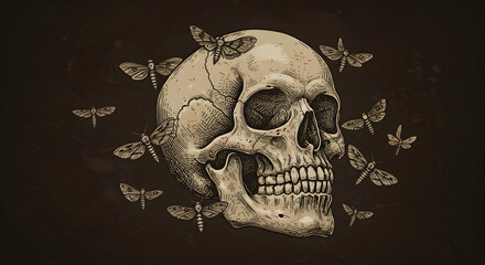 Skull and moths illustration