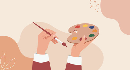 Artist's Hands with Palette and Brush Ready to Paint