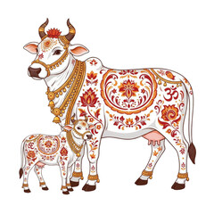 Cow & Calf (Kamadhenu) Element &mdash; highly detailed stylized vector of divine cow with ornaments, floral patterns, sacred motifs