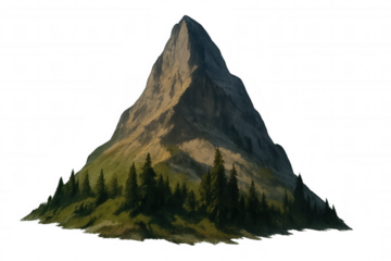 Mountain peak in alpine landscape with green trees, rocky slopes and scenic natural environment on transparent background