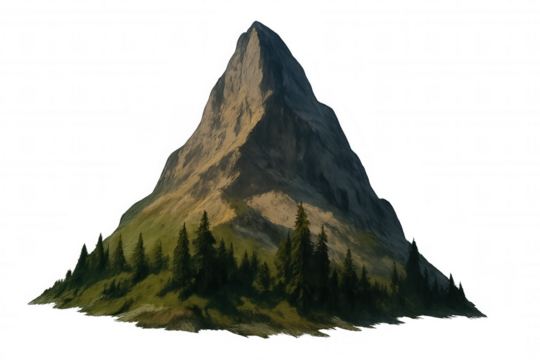 Mountain peak in alpine landscape with green trees, rocky slopes and scenic natural environment on transparent background