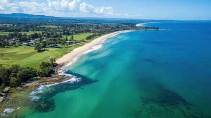 Fototapeta premium Aerial imagery for coastal tourism development, showcasing pristine waterfront properties and potential beach resorts