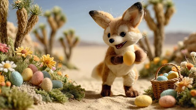 Animated fennec fox carries easter basket in desert environment with colorful eggs and flowers