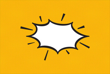 Blank comic speech bubble on yellow halftone pop art background. Retro cartoon explosion frame with bold black outline and dynamic lines, perfect for comic design, dialogue, or announcement template.