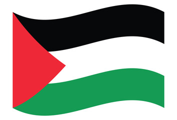 Waving flag of Palestine with black, white, and green horizontal stripes and a red triangle at the hoist side. Symbol of national identity, freedom, and solidarity.