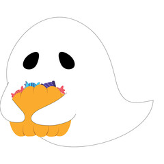 A cartoon ghost happily holding a pumpkin filled with candy