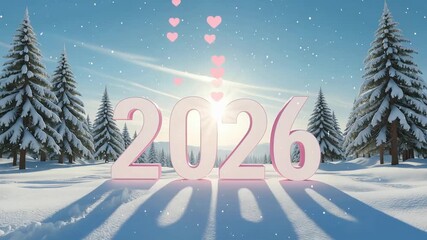 Snowy winter landscape with pink 2026 numerals and heart shapes floating above creating a festive new year celebration scene with bright sunshine and snow covered trees - Powered by Adobe