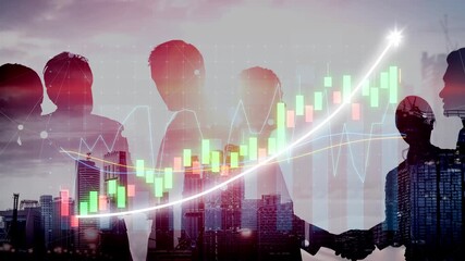 A dynamic image showcasing silhouettes of business professionals against a vibrant background of growth charts and a bustling city skyline, representing the journey to success. Copula - Powered by Adobe