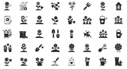 Essential vector glyph icons representing a wide array of gardening elements, blooming flowers, plant care, and horticultural tools, perfect for nature-themed designs