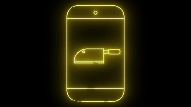 Neon yellow phone outline with cleaver icon against black backdrop