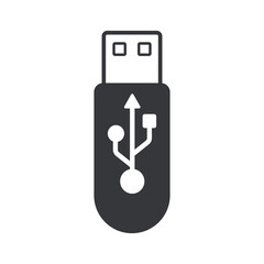 Isolated USB flash drive icon symbol representing data storage, transfer, and connection for computer, digital device, and electronic equipment.
