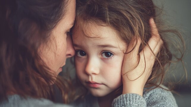 Affectionate mother soothing her distressed young daughter demonstrating care and support close up