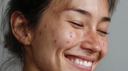 Close up of a smiling young woman with acne eyes closed despite her skin issues