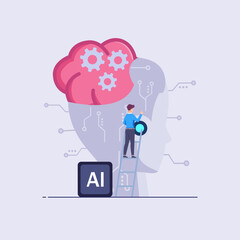 man with artificial intelligence. Young man near silhouette of head with gears. Modern technologies and innovations, machine learning. Virtual bot and assistant. Flat vector illustration