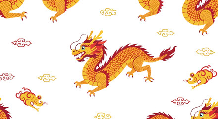 Fototapeta premium Seamless pattern featuring traditional golden Chinese dragons and stylized clouds on a white background.