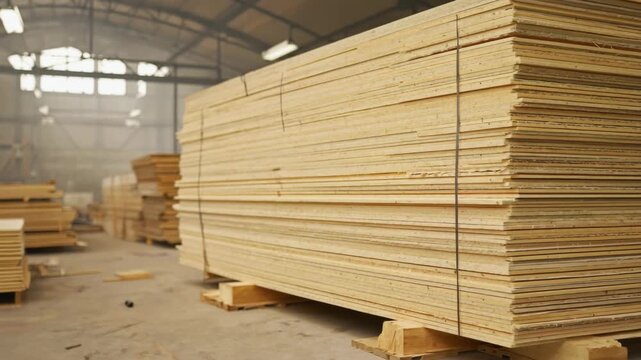 Lumber storage industrial warehouse wood material production and construction supply concept