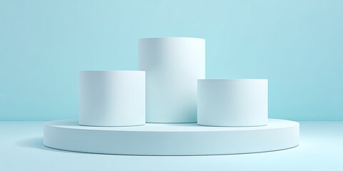Simple white cylinder podiums on light blue background