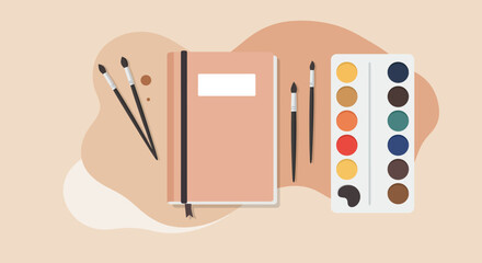 Artistic Tools: Sketchbook, Brushes, and Watercolor Palette