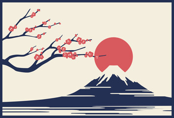 レトロ背景年賀状素材　梅と富士山と太陽